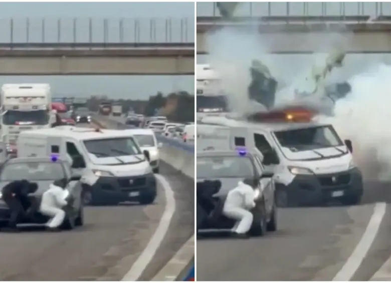 Los ladrones en medio de una de las explosiones en la carretera. FOTO: Captura video de redes sociales @RadioGenoa