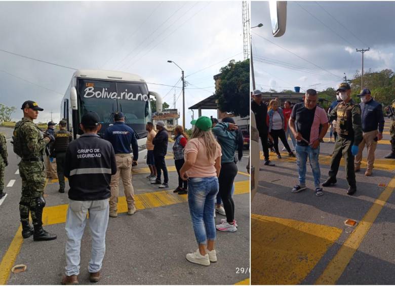 La policía local inspeccionando los buses para encontrar migrantes en la ciudad. FOTO: Alcaldía de Bucaramanga