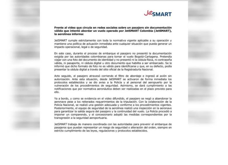 Comunicado de JetSmart relatando lo sucedido con el pasajero. Foto: Cortesía