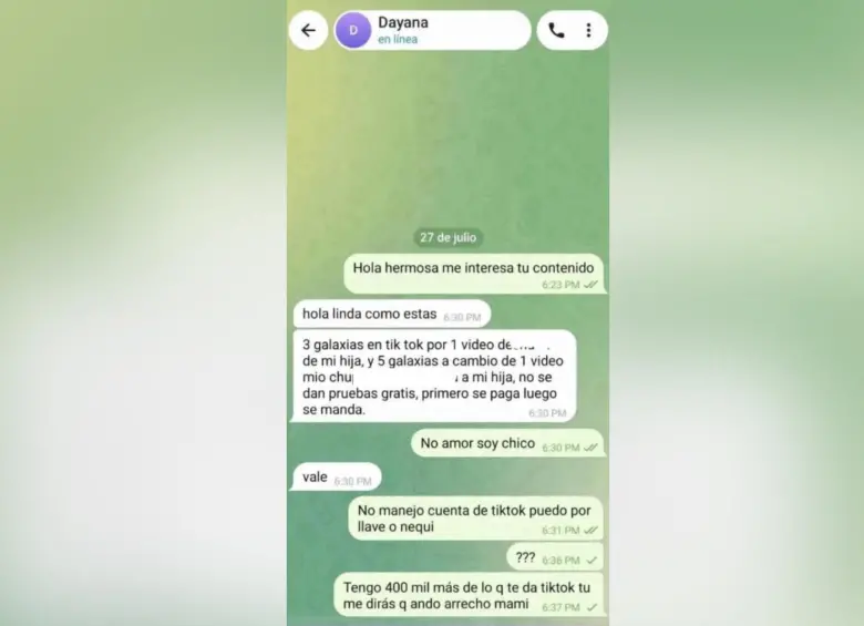 Capturas de pantalla de las conversaciones atribuidas a la mujer y difundidas en redes sociales, que hacen parte de las denuncias conocidas públicamente sobre el caso. Foto: redes sociales @feministade_.acero