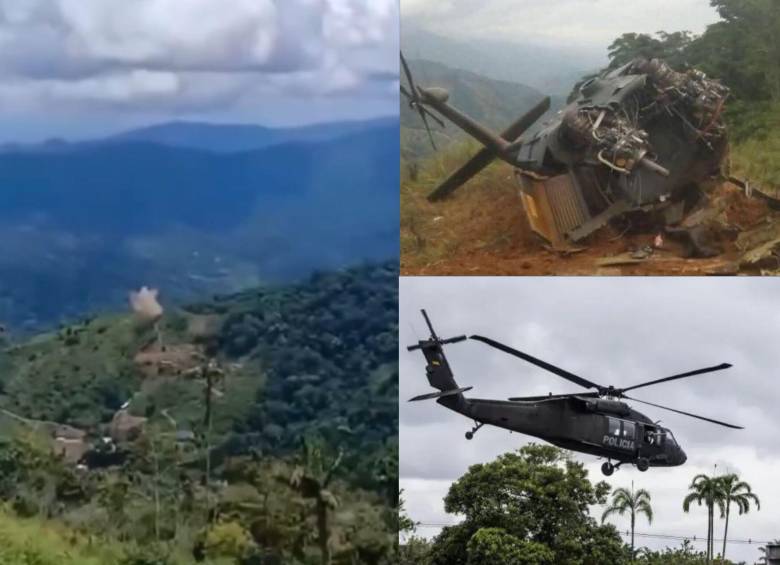Los presuntos responsables del atentado verificaron desde lejos el éxito del ataque al helicóptero de la Policía en Amalfi, el cual quedó destruido tras ser derribado. Fotos: EL COLOMBIANO y redes sociales
