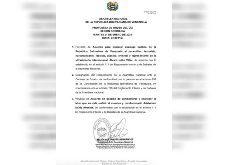 En el orden del día está la declaración de Álvaro Uribe como enemigo público en Venezuela. FOTO: Cortesía