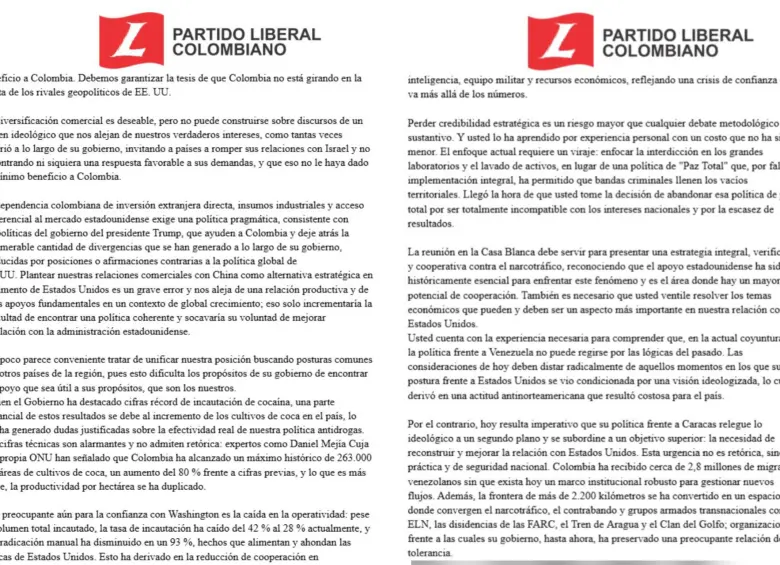 La carta contiene consejos dirigidos al gobierno colombiano para abordar la reunión con Donald Trump. Foto: Partido Liberal