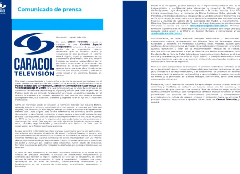 Comunicado sobre los resultados de la Comisión Especial Independiente y la nueva política para la prevención de casos de abuso sexual en el entorno laboral. Foto: Caracol Televisión