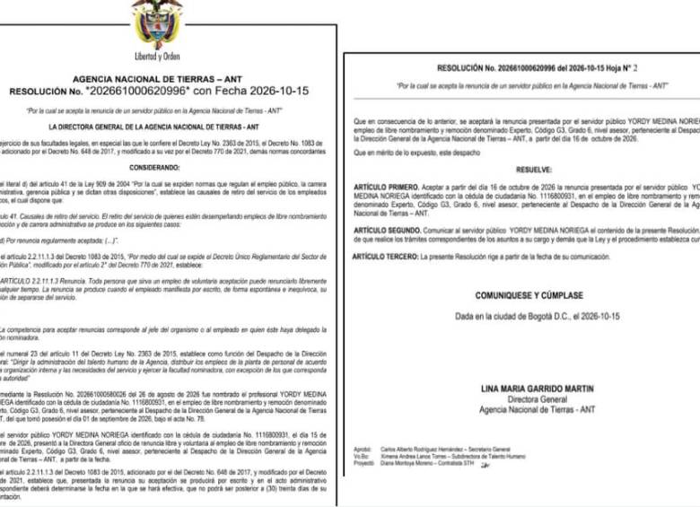 Resolución sobre la salida del funcionario de la Agencia Nacional de Tierras, Yordy Medina Noriega. 