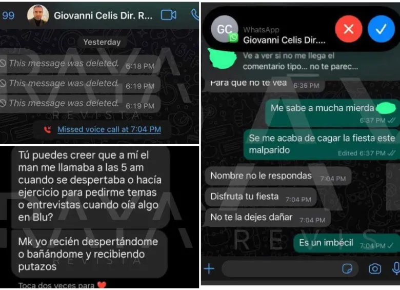 Algunas de las pruebas de chats y llamadas contra Celis. FOTO: Cortesía RAYA