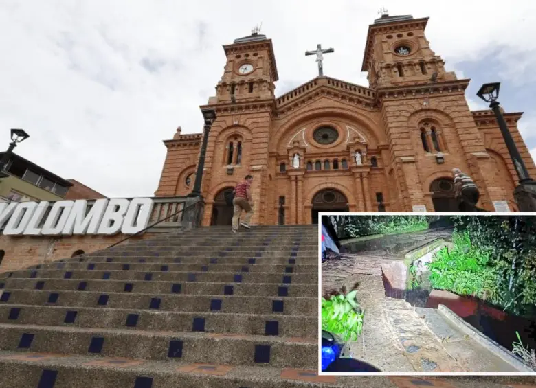 Adelante, daños en el puente del sector El Atajo. Atrás, parque principal del municipio de Yolombó. Foto: Manuel Saldarriaga Quintero