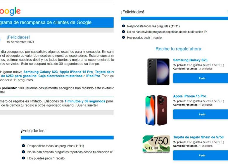 Así luce la interfaz de la página que aparece en los navegadores sobre una supuesta encuesta de Google que le permite a los usuarios ganar premios. FOTO: Captura de pantalla estafa