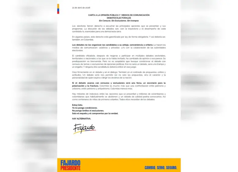 Sergio Fajardo publicó en X una carta dirigida al candidato del Pacto Histórico sobre los debates presidenciales. Foto: @sergio_fajardo