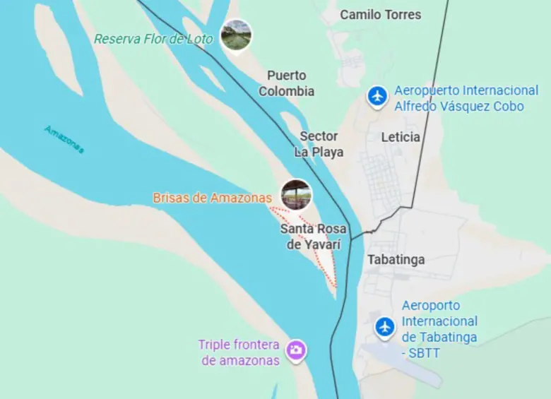 Santa Rosa de Yavarí está ubicada en la triple frontera, a unos metros de Leticia (Colombia) y Tabatinga (Brasil). Foto: Captura de Google maps