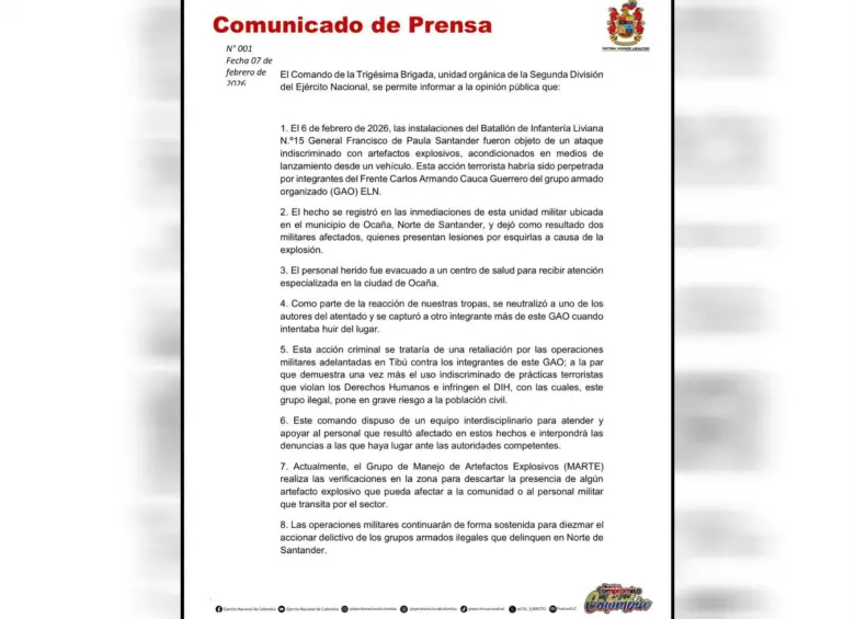 El comunicado del Ejército sobre las acciones sufridas por insurgentes en Norte de Santander. Foto: Cortesía Ejército