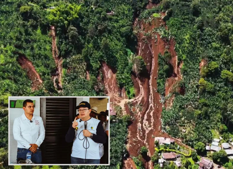 Adelante, el alcalde de Pueblorrico junto al director del Dagran. Atrás, la magnitud del deslizamiento. FOTO: imágenes tomada de redes