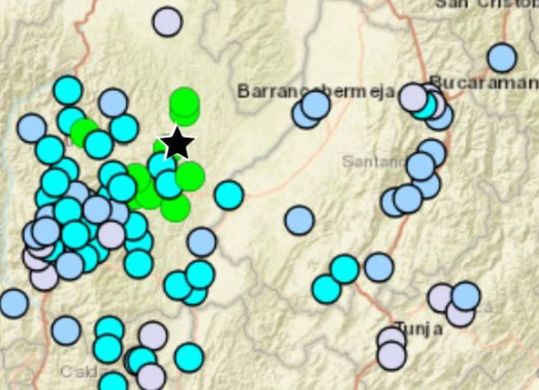 Mapa donde se muestran diferentes puntos del país donde han ocurrido temblores con diferente intensidad de cuerdo al color de la convención. FOTO: SERVICIO GEOLÓGICO COLOMBIANO