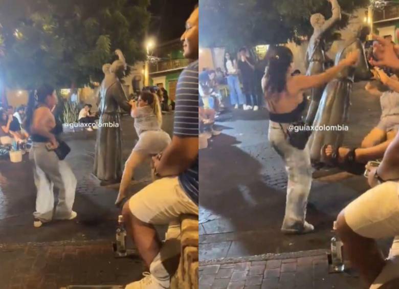 Turista dañó una de las esculturas ubicadas en la Plaza de la Trinidad en Cartagena. Foto: captura de video @guiaxcolombia