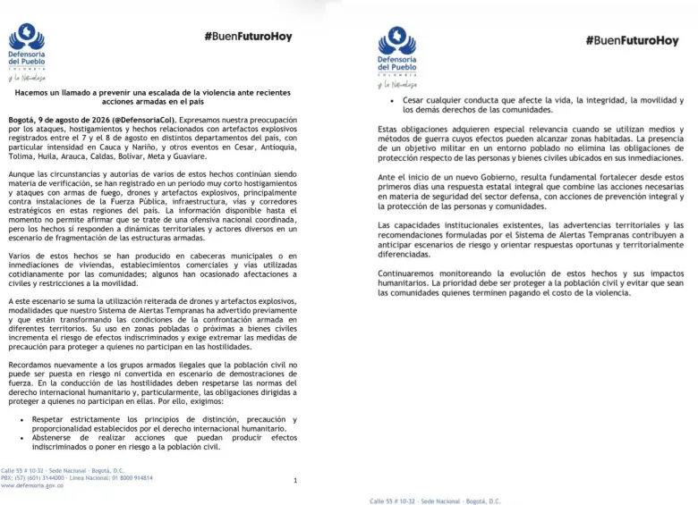 Este es el comunicado donde la entidad le pide al gobierno de Abelardo de la Espriella una respuesta integral. Foto: @DefensoriaCol