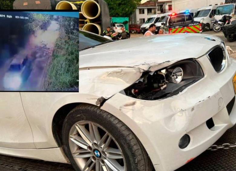 Así fue el estado en el que termino el carro de alta gama BMW tras arrollar a los jóvenes, como se evidencia en la pequeña imagen de la izquierda, captada por una cámara de seguridad. FOTO: COLPRENSA Y CAPTURA VIDEO TWITTER