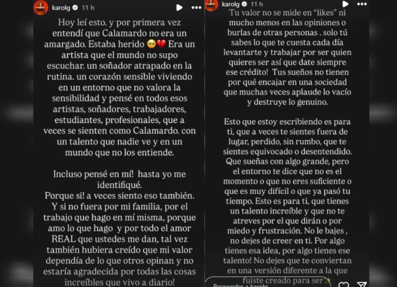 Karol G compartió su reflexión en las historias de su cuenta de Instagram. Foto: Captura redes sociales 