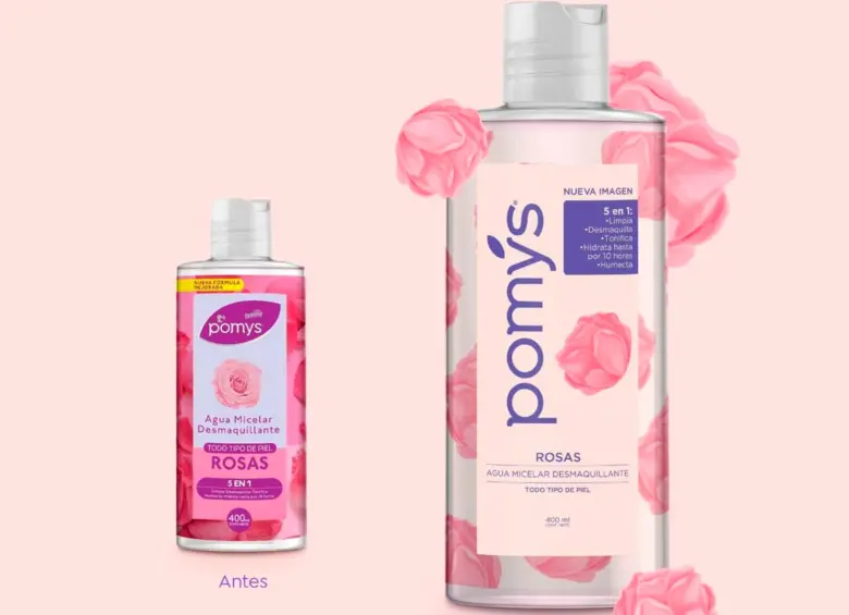 La presentación antes y después del producto Agua Micelar Rosas de Pomys. FOTO: Tomada de Instagram @pomystecuida