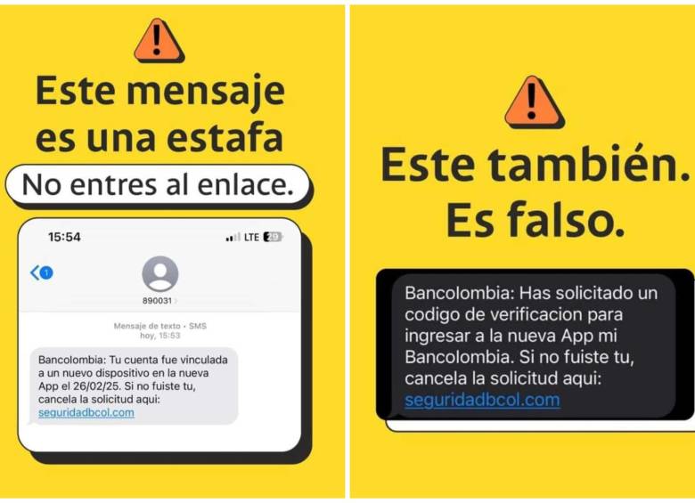 Estos son los mensajes de texto falsos con link(que no debe abrir) que le están llegando a los usuarios de Bancolombia. FOTO: BANCOLOMBIA 