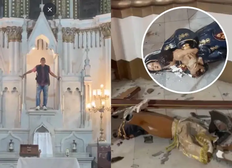 “El diablo está acá, lo tienen en frente, arrepiéntanse”, hombre durante el ataque, en medio de la destrucción de las imágenes religiosas al interior de la Iglesia La Ermita, en Cali. Foto: captura de video redes sociales