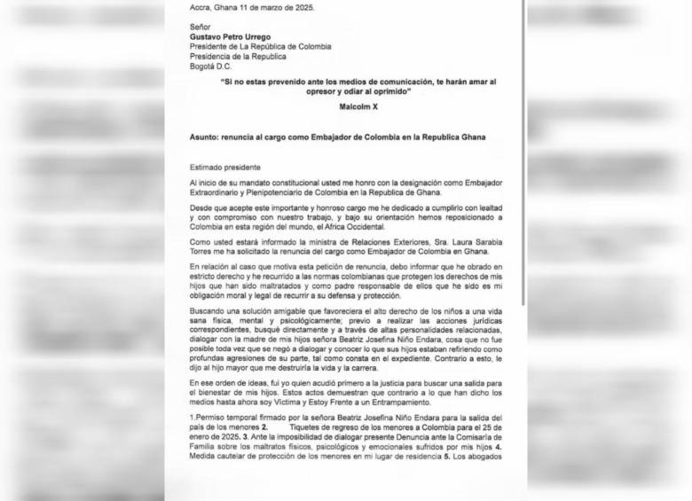 Garcés Carabalí explicó en el documento dirigido al presidente que él es la víctima en medio de las denuncias en su contra. FOTO: Cortesía