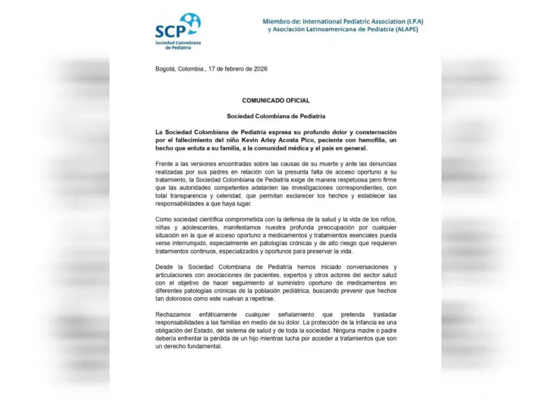 La Sociedad Colombiana de Pediatría emitió un comunicado sobre la muerte de Kevin Acosta Pico. Foto: Cortesía de Sociedad Colombiana de Pediatría