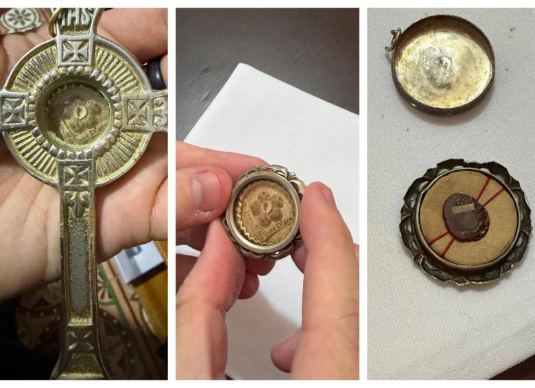 Estos elementos eran los que contenía el relicario en su interior y que daban fe de la autenticidad de la reliquia. Al centro, el pedazo de hueso procedente del Santo Cura de Ars. FOTO: Cortesía.