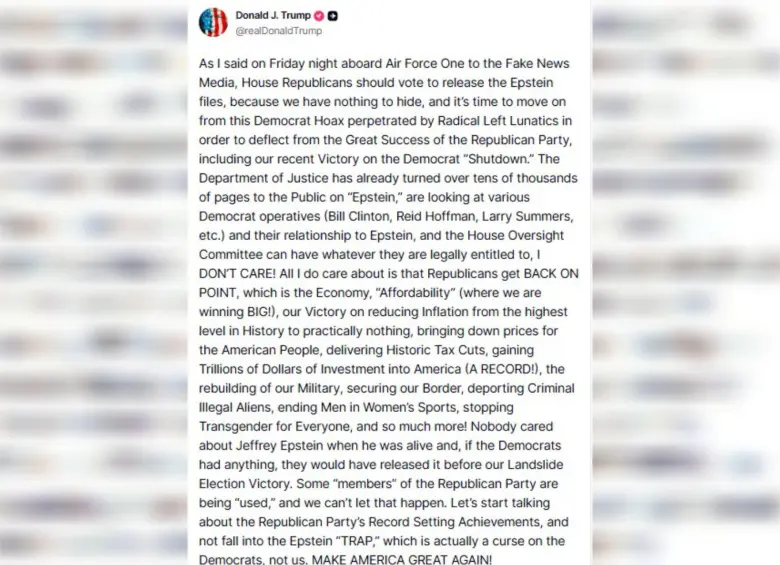A través de su red Truth Social, el presidente Donald Trump manifestó no tener inconveniente en desclasificar los archivos del caso Epstein. Foto: Captura de pantalla Truth Social