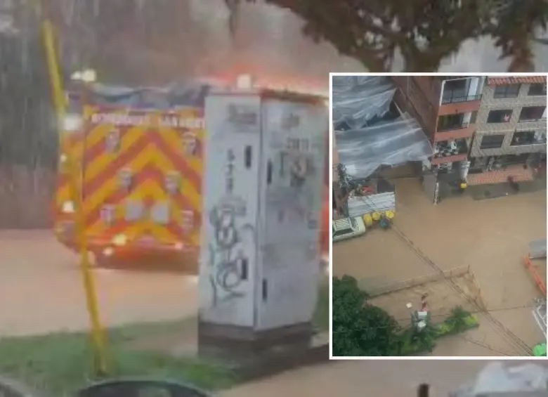 Adelante, uno de los sectores urbanos inundados. Atrás, carro de bomberos intentando avanzar en medio de la inundación. FOTO: Cortesía Denuncias Antioquia
