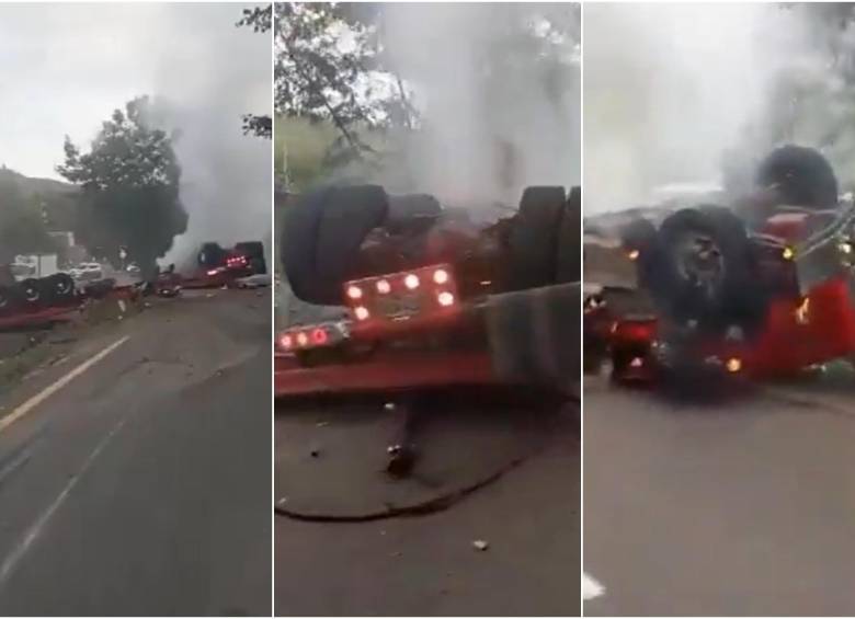 Secuencia de como quedó la tractomula volcada y echando humo tras chocar contra un separador por perder los frenos. FOTO: CAPTURA VIDEO REDES SOCIALES