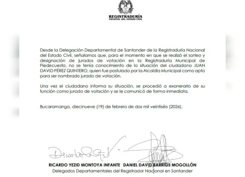 Una de las cartas donde la Registraduría explica el caso de Juan David Pérez Quintero. Foto: cortesía de la Registraduría a EL COLOMBIANO