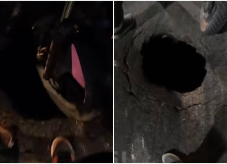 Así es el hueco en el que cayó y quedó atrapada una motociclista en la avenida Boyacá en Bogotá. FOTO: Captura de video @santiagolopezp