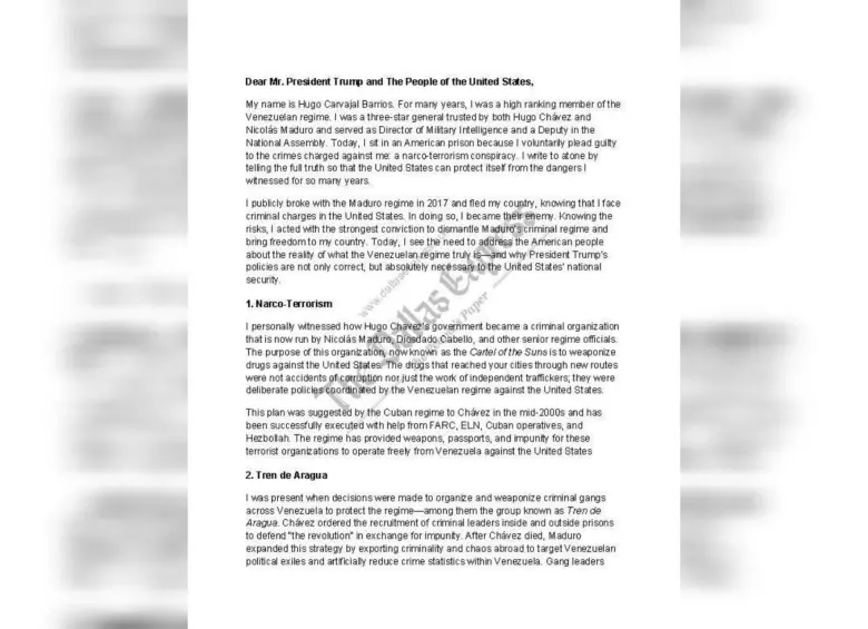 En la carta, “Pollo” Carvajal revela la conexión de Maduro con el Tren de Aragua. Foto: The Dallas Express