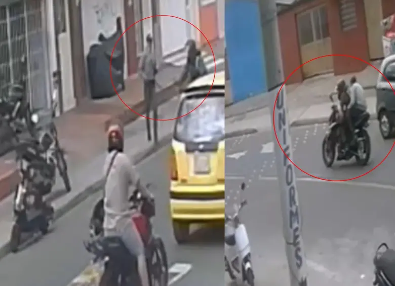 En cámaras de seguridad quedó registrado el momento en que los delincuentes huyeron en una motocicleta luego del hurto que terminó en una balacera. Foto: captura de video redes sociales