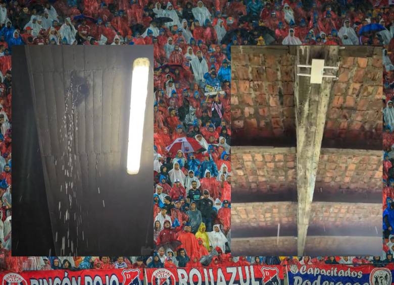 En el Atanasio Girardot no hay lugar para escamparse de la lluvia. Hay goteras por todas partes. FOTOS: EL COLOMBIANO Y REDES SOCIALES