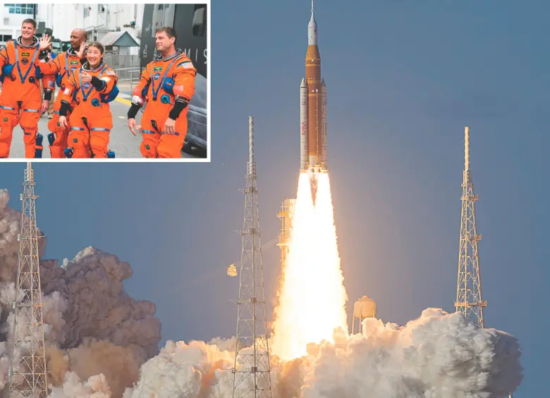 Los cuatro astronautas a su llegada a la zona de lanzamiento y finalmente el despegue del cohete SLS hacia la Luna. FOTOS: Getty