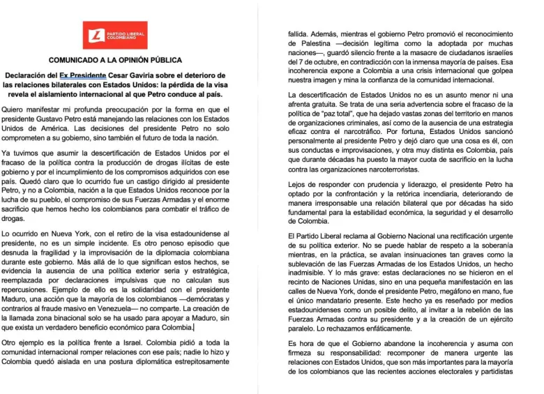 El expresidente César Gaviria criticó en un documento de tres páginas la política de relaciones exteriores de la administración Petro. FOTO: Cortesía Partido Liberal