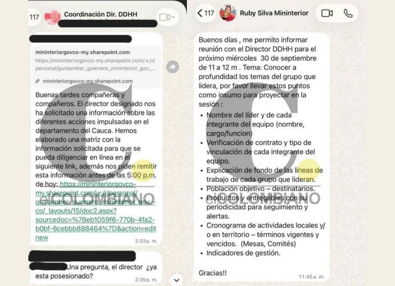 Mensajes en los que se pide información o se convoca a reuniones. Foto: Cortesía ciudadana.
