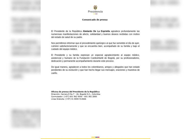 Comunicado de Presidencia sobre el estado de salud del padre de Abelardo de la Espriella.