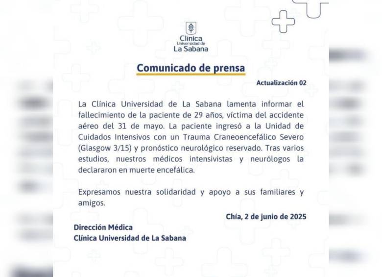 La Clínica Universidad la Sabana confirmó la muerte encefálica de una de las viajeras de la aeronave. Foto: Cortesía