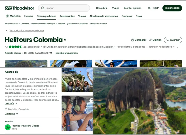 Perfil oficial de Helitours Colombia. FOTO: Captura página web Tripadvisor