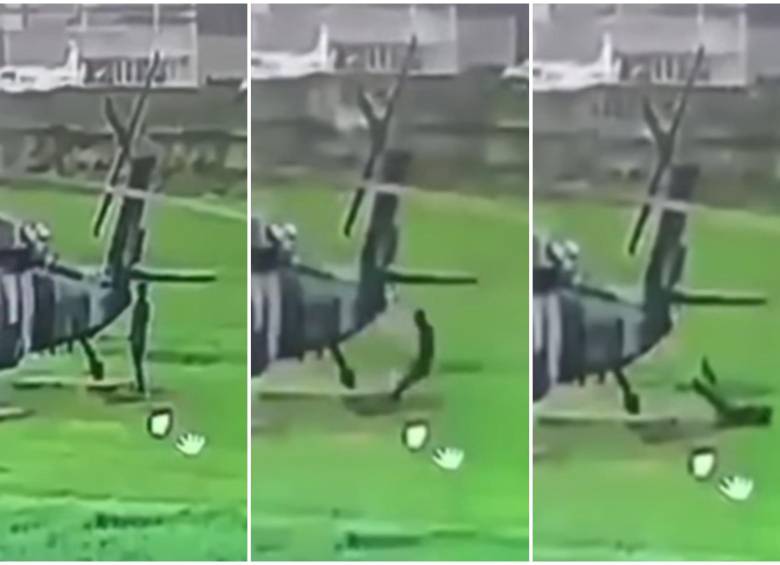 Secuencia de cómo se desplomó el soldado luego de que le cayera el rayo cuando realizaba sus labores al lado de un helicóptero. FOTO: Captura de video de redes sociales @sucesoscauca