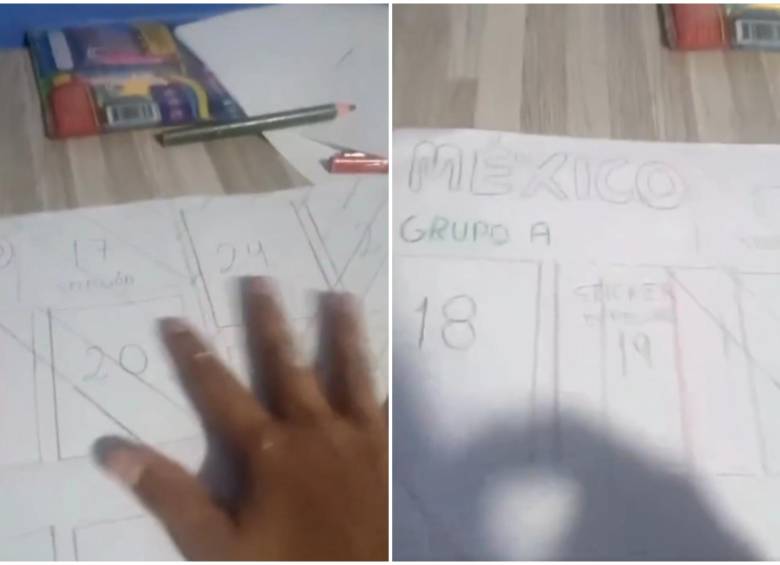El niño creando su propio álbum del Mundial. FOTO: Captura de video de redes sociales @creativo_huggy01