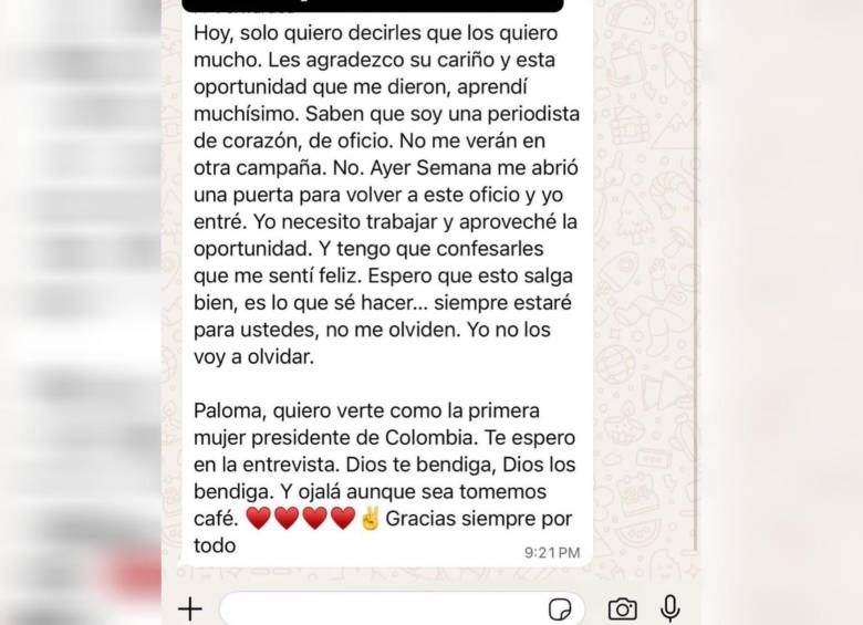 Este fue el mensaje que Vicky les compartió a sus compañeros de coalición. Foto: suministrada a EL COLOMBIANO.