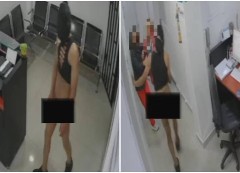 Secuencia de cómo el sujeto, que portaba solo una capucha, entró al lugar y, mientras se tocaba, perseguía a las mujeres que se encontraban allí. FOTO: Captura de video de redes sociales @ColombiaOscura
