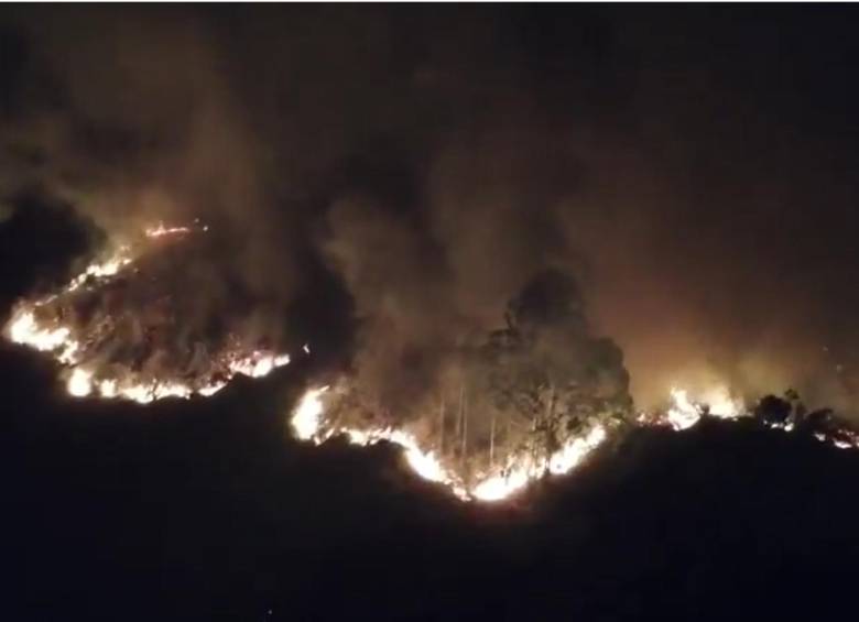 Bomberos de Popayán trabajan para controlar el incendio forestal registrado en los cerros nororientales, en el sector de Yambitará. Foto: Bomberos de Popayán