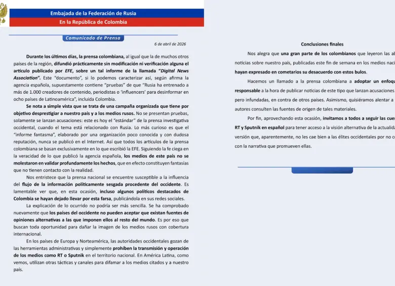 Embajada de Rusia en Colombia denuncia “campaña de desprestigio” en su contra