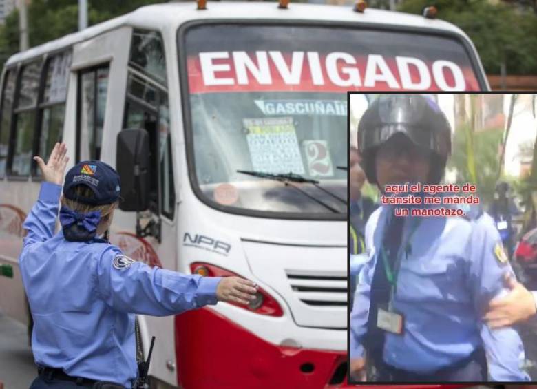 Atrás, agentes de tránsito realizando control vial en el municipio. Adelante, uno de los agentes involucrados en el presunto caso de abuso de autoridad FOTO: EL COLOMBIANO