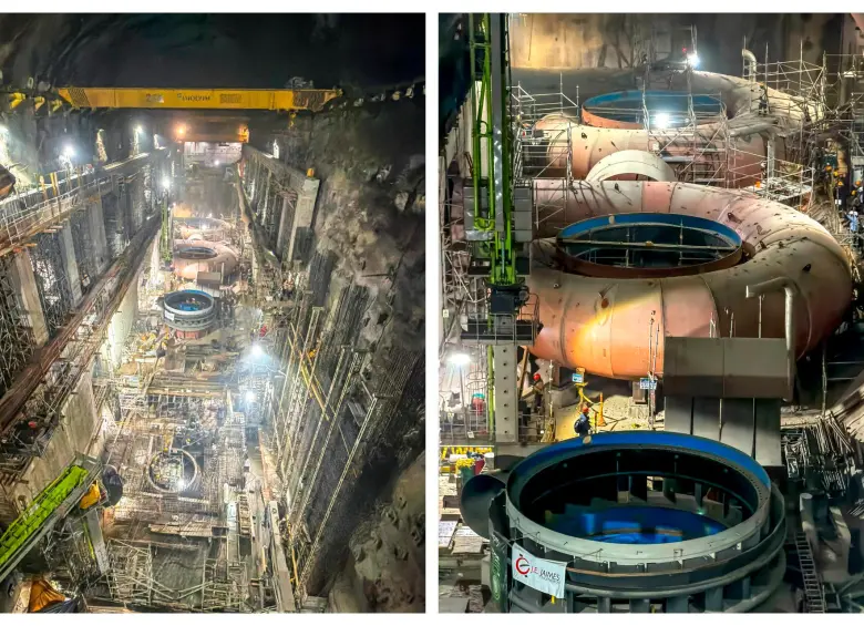 Los anillos estacionarios de las cámaras de espirales de las nuevas unidades de generación de Hidroituango ya fueron instalados. Lucen desde lo alto como caracoles gigantes. FOTO Cortesía de EPM