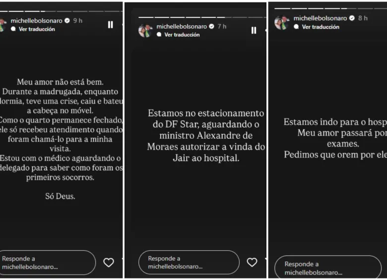 La publicación de la esposa de Bolsonaro donde confirmó el accidente del expresidente. FOTO: Captura de redes sociales Michelle Bolsonaro